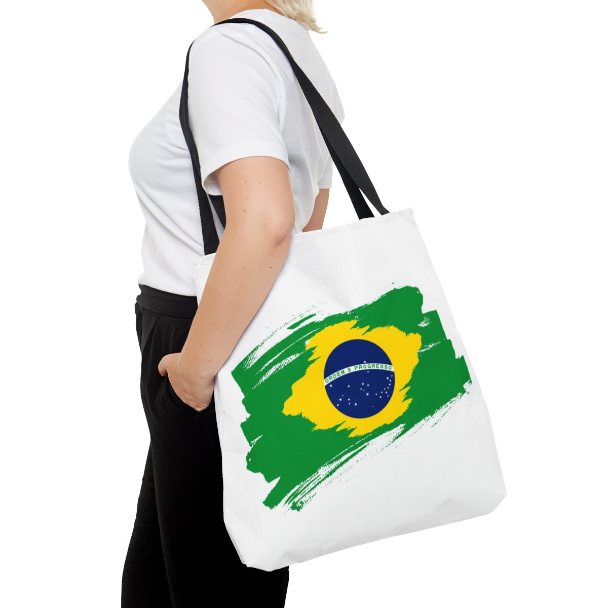 White Tote Bag featuring vibrant Brazilian flag print - stylish accessory celebrating Brazilian pride and culture.