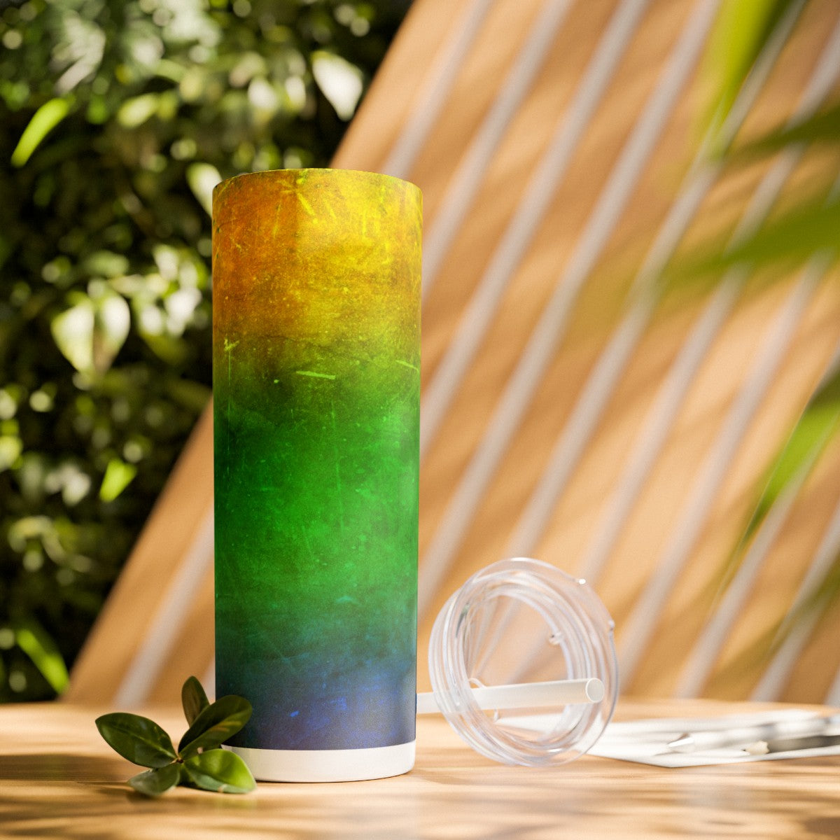 Skinny Tumbler with Straw 20oz featuring vibrant Brazilian flag colors - green, yellow, blue, and white - ideal for staying hydrated in style